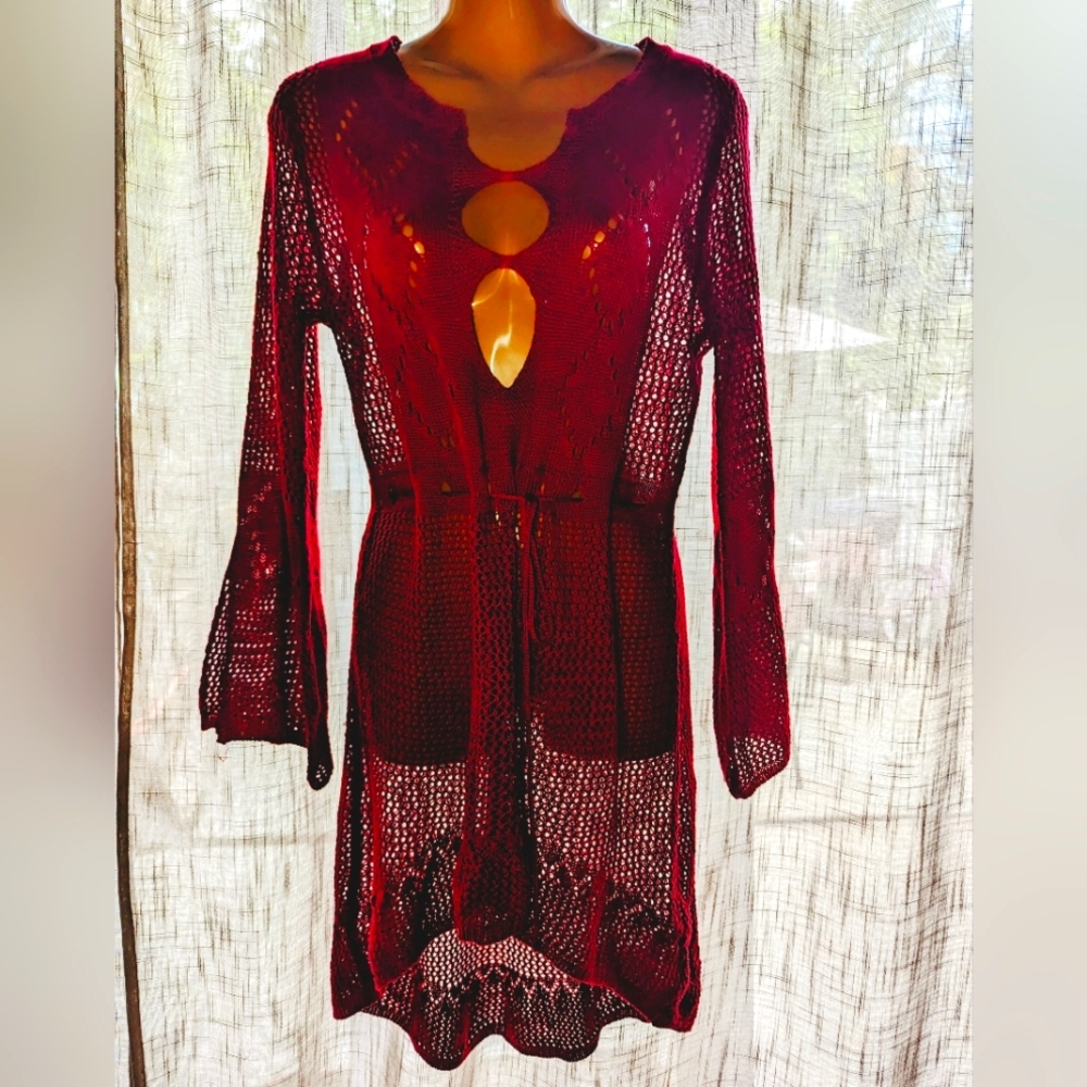 Red Crochet Knit Cover Up Dress
